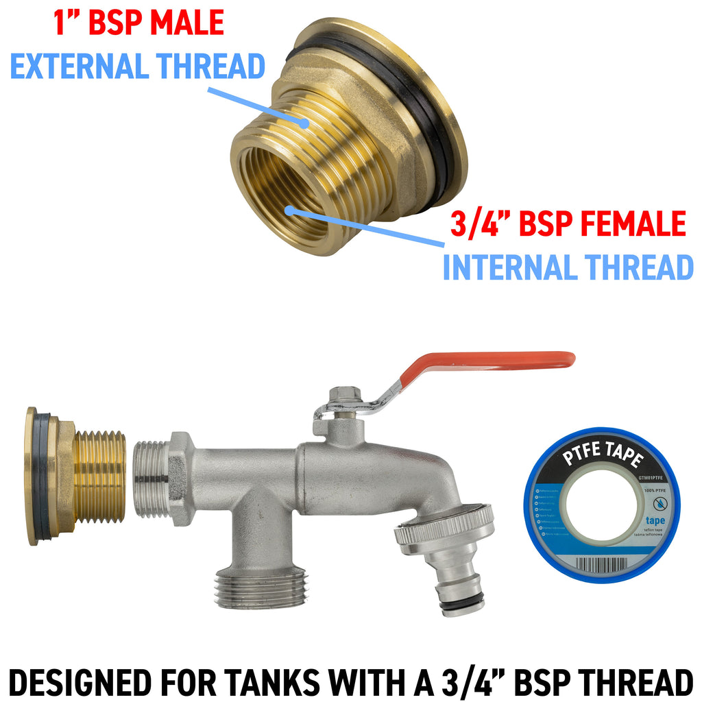 Water Butt Brass Kit 1in with Double Tap and Drill Bit for Garden Irrigation Kit