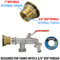 Water Butt Brass Kit 1in with Double Tap and Drill Bit for Garden Irrigation Kit